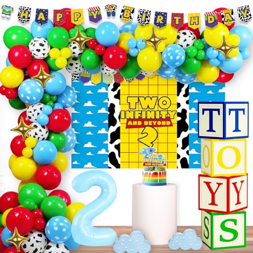 Party Inspo Two Infinity and Beyond Birthday Decorations, 2nd Birthday Decorations for Boy, Blue Toy Theme Inspired Story 2nd Party Decorations, Backdrop Balloon Banner Cake Topper Box