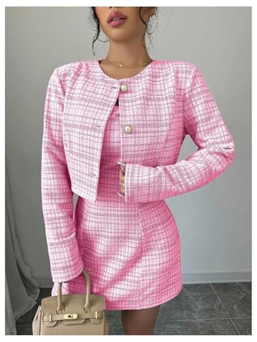 Image of SOLY HUX Women's 2 Piece Outfits Plaid Long Sleeve Button Down Cropped Jacket and Sleeveless Mini Dress Sets