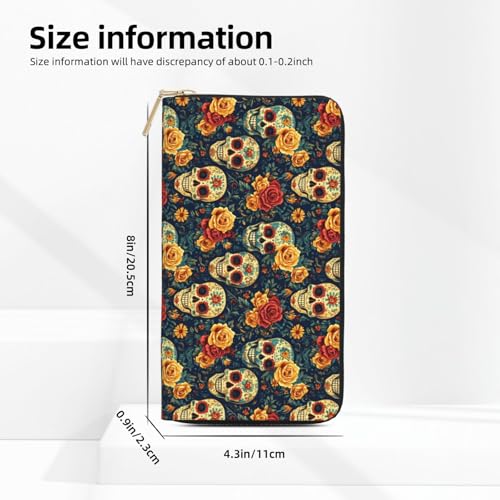 Retro Flower Skull Print Wallet Women Men, Long PU Leather Wallets for Women, Cute Womens Travel Wallet Purse Pouch with Zipper Pocket3