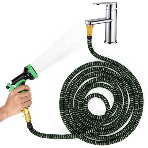 Amcortn Indoor Sink Hose Attachment for Faucet - (50 FT) Faucet Hose with 7 Adapters for Kitchen Sink Bathroom Sink Faucet, Watering Houseplants, Washing Pets Car Household Cleaning 10-Function Nozzle
