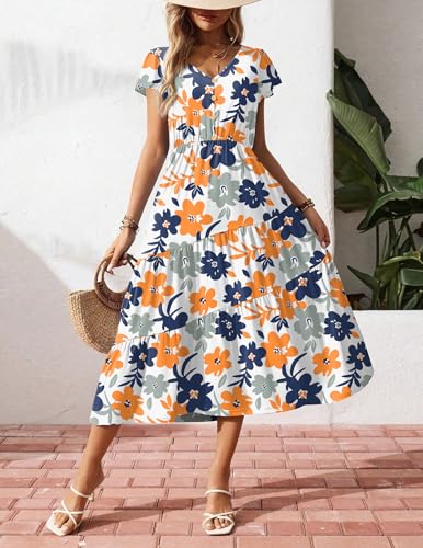Image of Zeagoo Women's Summer Casual Dress Flutter Short Sleeve V Neck Button Down Tiered Flowy Long Dress with Pockets