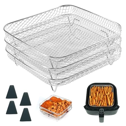 BYKITCHEN 8 inch Square Air Fryer Rack, Set of 3, Stackable Multi-Layer Stainless Steel Dehydrator Rack, Square Air Fryer Accessories for Cosori, Instant Vortex, Nuwave Air Fryer, Ninja Foodi Grill