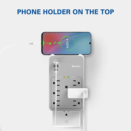 Miniatura 7 de Huntkey - Extensor de toma de corriente de pared, enchufe múltiple con USB C PD de 20 W, 6 tomas de corriente alterna con 2 puertos USB A, cargador