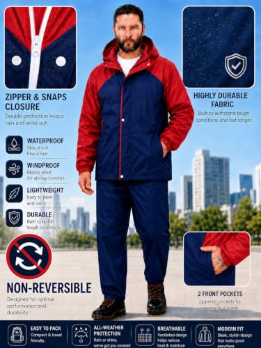 Image of Mens Raincoat Suit with Pant set Classivo Series | Waterproof Lightweight Breathable Rain Wear | Elastic Cuff & Waterproof Zipper Raincoat for men waterproof
