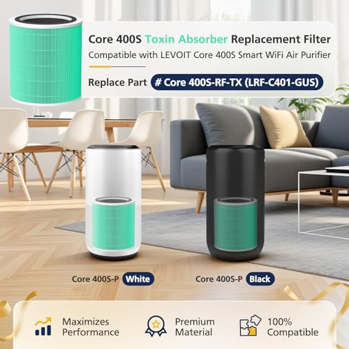 Image of Core 400S Replacement Filter for LEVOIT Core 400S Smart WiFi Air Purifier, Core400S-RF-TX 3-in-1 True HEPA Activated Carbon Filter, LRF-C401-GUS, 2 Pack, Green