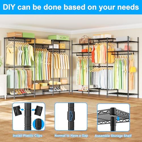 Ulif E13 Heavy Duty Clothes Rack(With 4 Hanger Rods & 8 Shelves) Freestanding Clothing Racks for Hanging Clothes,Adjustable Closet Organizer,Metal Garment Rack 63\" W x16 D x77 H,Max Load 900LBS,Black