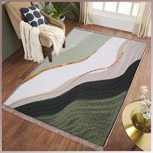 Image of Sparrow World Holland Velvet Quilted Printed Foam Padded Carpet - Premium Home Decor Rug for Living Room, Bedroom, Kitchen, Drawing Room, Hall, Guest Room (5 x 7 Feet) (Green-River)
