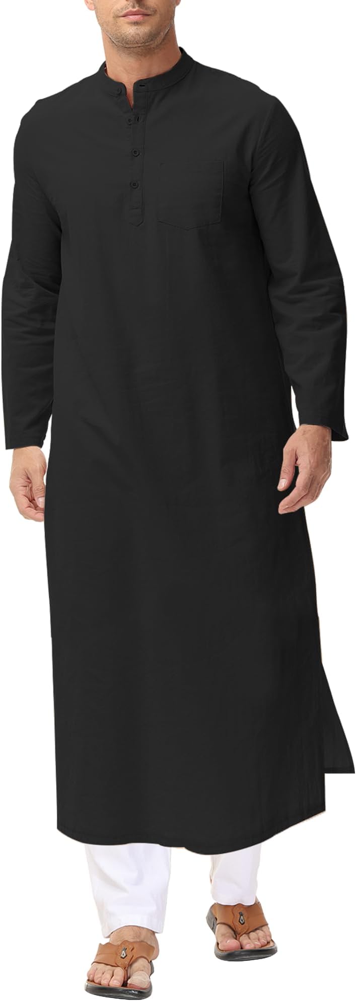 Kaftan for Men Long Sleeve Caftan Thobe Side Split Muslim Robe Button Down Long Gown Tunic Shirts