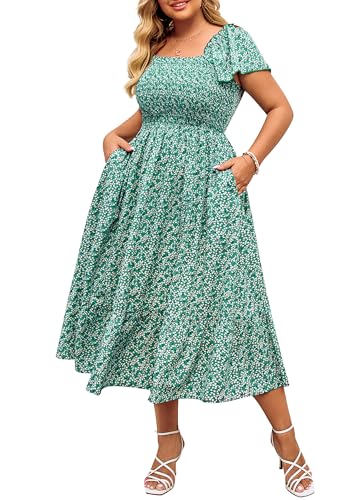 Hanna Nikole Women Plus Size Summer Maxi Dress Ruffle Sleeve Smocked Square Neck Casual Green Floral Flowy Dresses Pockets 3X