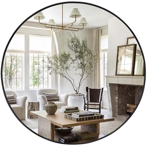 30 Inch Round Mirror, Black Round Mirror, Round Wall Mirror Aluminum Frame, Round Bathroom Mirror, Round Wall Mirror, Circle Mirrors for Wall, Living Room, Bedroom, Vanity, Entryway, Hallway Cover