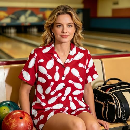 LOTUCY Bowling Shirts Women Bowler Button Down Short Sleeve Gift Tee Red — view 3