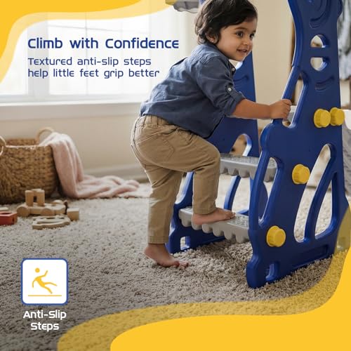 Image of Amazon Brand - Solimo Penguin Slide for Kids 2-5 Years | Indoor & Outdoor | Basketball Hoop & Ball | Anti-Slip Steps | Wide Platform | Max Load 20kg | Blue & White
