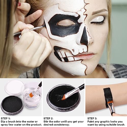 Badcolor BQBDCL008_SET1 Black & Clown White Face Body Paint With 3Pcs Painting Brushes, Water Based Sfx Makeup Palette For Kids & Adults thumb #2