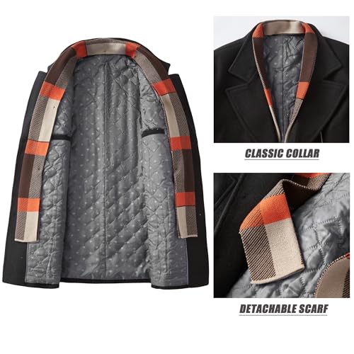 Image of WULFUL Men's Wool Blend Winter Coat Slim Fit Short Trenchcoat Warm Business Jacket with Detachable Soft Wool Scarf