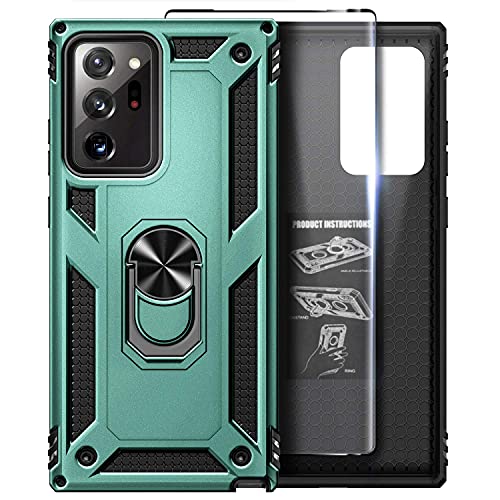 E-Began Case for Samsung Galaxy Note 20 Ultra/Note 20 Ultra 5G with Screen Protector (Maximum Coverage, Flexible TPU Film), Metal Magnetic Ring Holder Stand, Full-Body Protective Case (Green)