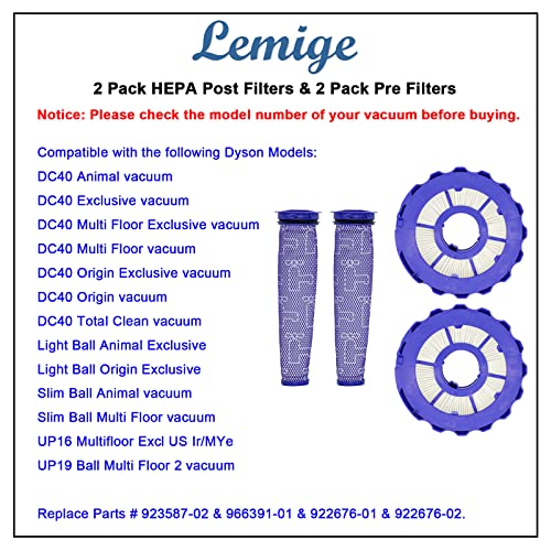 Lemige 2 Pack Post-Motor Filters & 2 Pack Pre-Motor Filters Replacement Parts for Dyson DC40, Light/Slim Ball Animal, Multi Floor, Origin and Total Clean Vacuums, Compare to Part 923587-02 & 922676-01