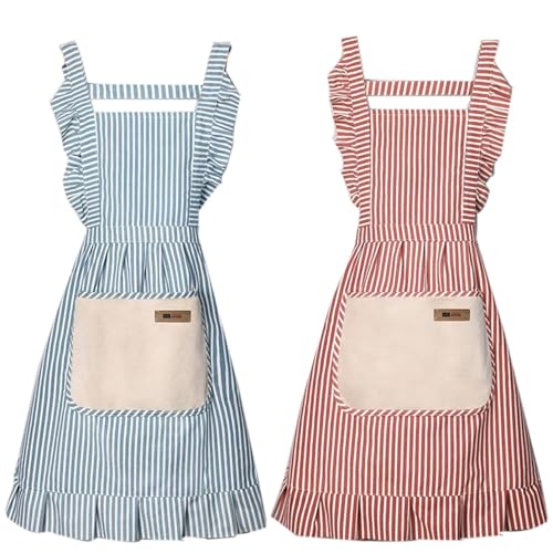 Ziurfys 2 Pack Adjustable Kitchen Apron Cooking Apron For Women For Men With Pockets Work Apron Grill Restaurant (Red/Blue Princess Apron 2 packs)