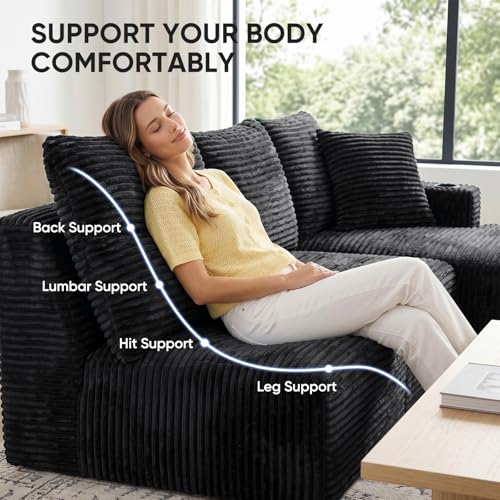 Image of Boneless Couch, 127 inch Sofas for Living Room, U Shaped Couch with Chaise | Sectional Sofa, Cloud Couch Sectional with Cup Holders and Storage, Cloud Sofa with Deep Seat, Black, Corduroy, No Assembly