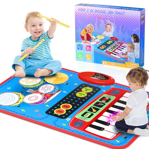 2-in-1 Musical Mat Toys for 1 2 3 4 5 Year Old, Piano Keyboard & Drum Set with 2 Drum Sticks, Early Educational Musical Learning Toys Birthday for 1 2 3 4 5 Year Old Boys & Girls, Blue