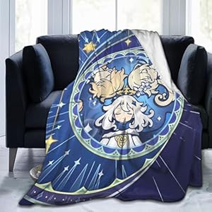 Cute Chibi Plush Blanket Ultra Soft Game Flannel Fleece Blanket Lightweight Warm Throw Blanket Decoration Gift (Aether Lumine Paimon Blanket) 50″”x40″”
