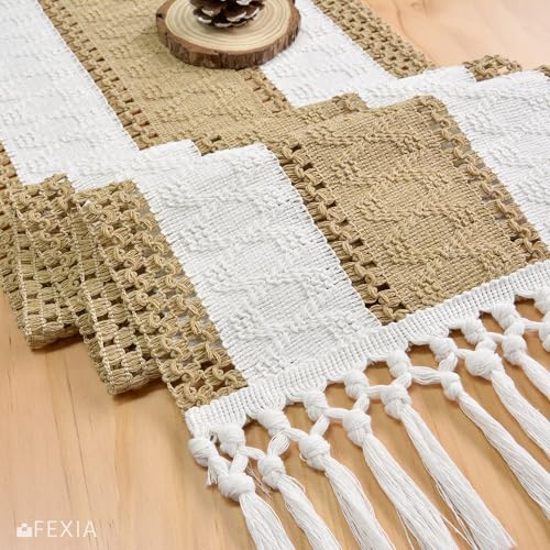 Image of FEXIA Boho Table Runner with Tassels for Home Decor Farmhouse Rustic Table Runner Macrame Burlap Woven Dinning Decoration for Living Room Bridal Shower Independence Day Decorations(12x72 Inches)