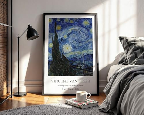 Image of Waltractive Vincent Van Gogh Paintings Framed Poster with Beautiful Quotes - Available in 33x22 and 48x33 CM - Classic Art Poster with sleek Black Frame - Elegant Home and Office Decor (Starry Night, 13x19 Inch, Framed)