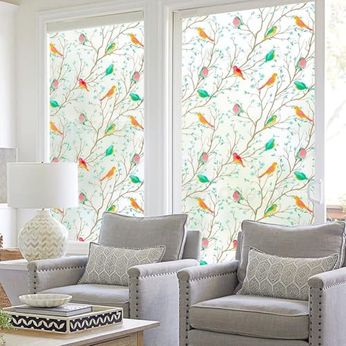 Image of MOCOCO Premium Vinyl Privacy Stained Window Glass Sticker (12x25 Inch) - Self-Adhesive Decorative Film Opaque Sheet Tint Wallpaper for Glass Cover Window, Door, Office, Home.| Anti-UV. Colorful Birds
