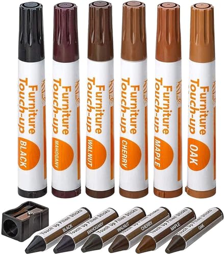 katzco Furniture Repair Kit Wood Markers - Set of 13 - Markers and Wax Sticks with Sharpener - for Stains, Scratches, Floors, Tables, Desks, Carpenters, Bedposts, Touch-Ups