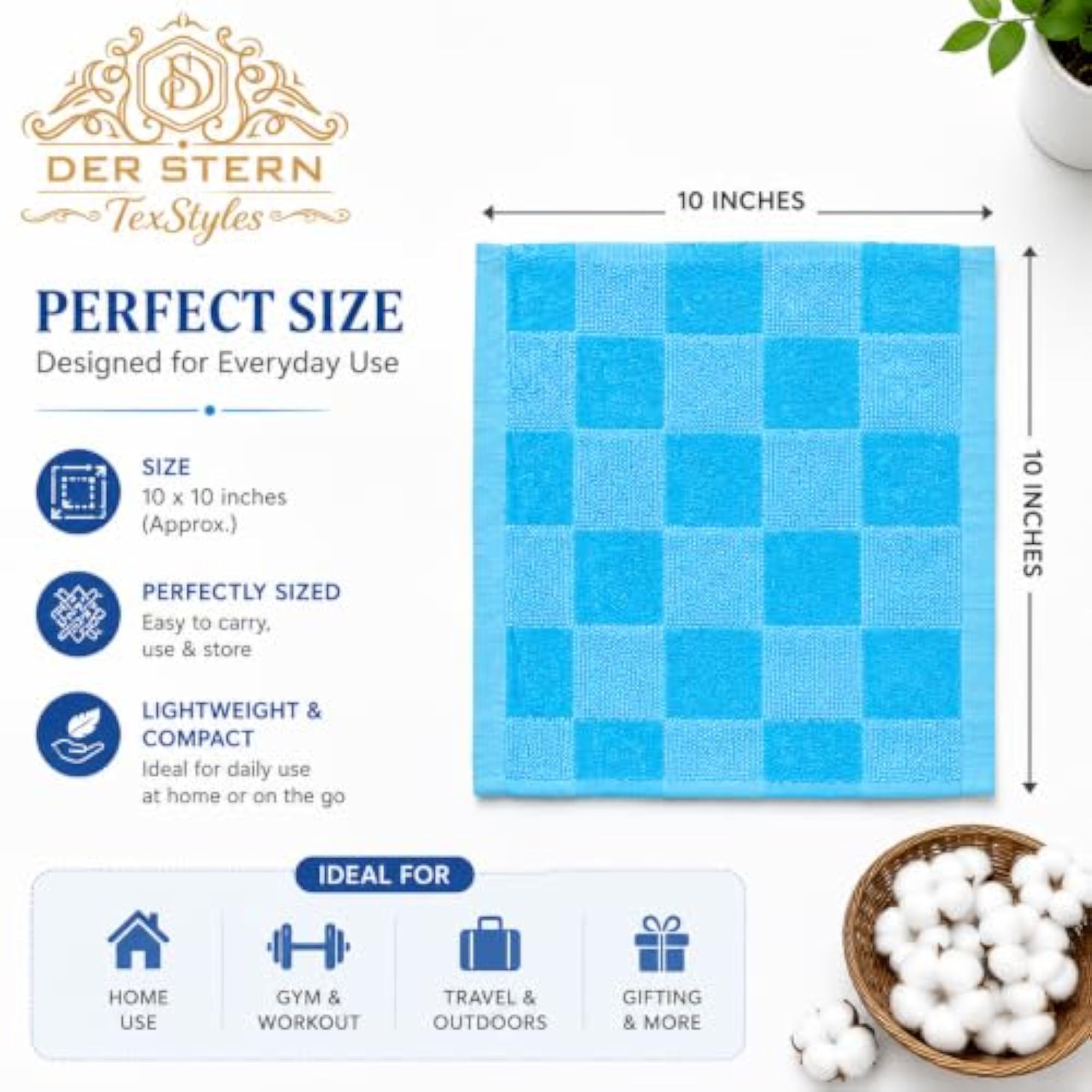 Set of 6 Premium Checkered Face Towels, 100% Cotton
