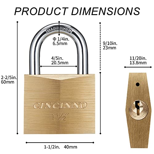 CINCINNO Solid Brass Padlock with Key, Key Lock with 1-9/16" Wide Body, 2 Pack Keyed Alike Locker Lock with Key - Thumbnail 3