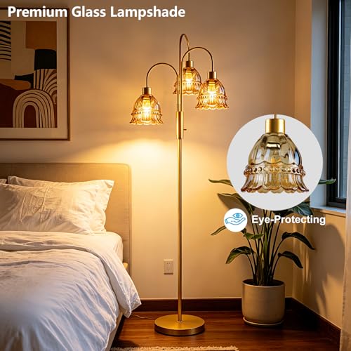 Image of 3-Light Glass Floor Lamp with Amber Ribbed Glass Shades, 70 inch Gold Dimmable Tall Standing Lamp with 3PCS 3000K Warm White Bulbs, Modern Tree Pole Lamp for Living Room Bedroom Home Office Corner Decor
