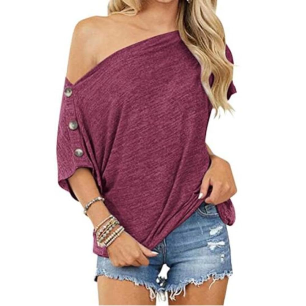 T-shirt d'été manches courtes col rond couleur violet rouge - 2