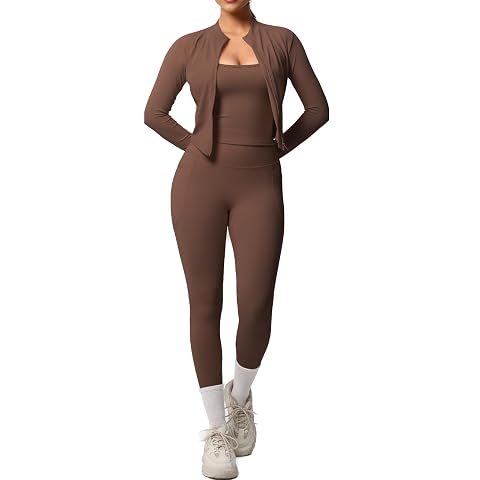 3-Piece Womens Workout Set Zip Jacket Strappy Tank High-Waist Pocket Leggings Stretchy Outfit