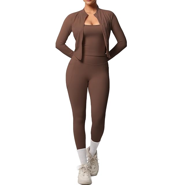 3-Piece Womens Workout Set Zip Jacket Strappy Tank High-Waist Pocket Leggings Stretchy Outfit