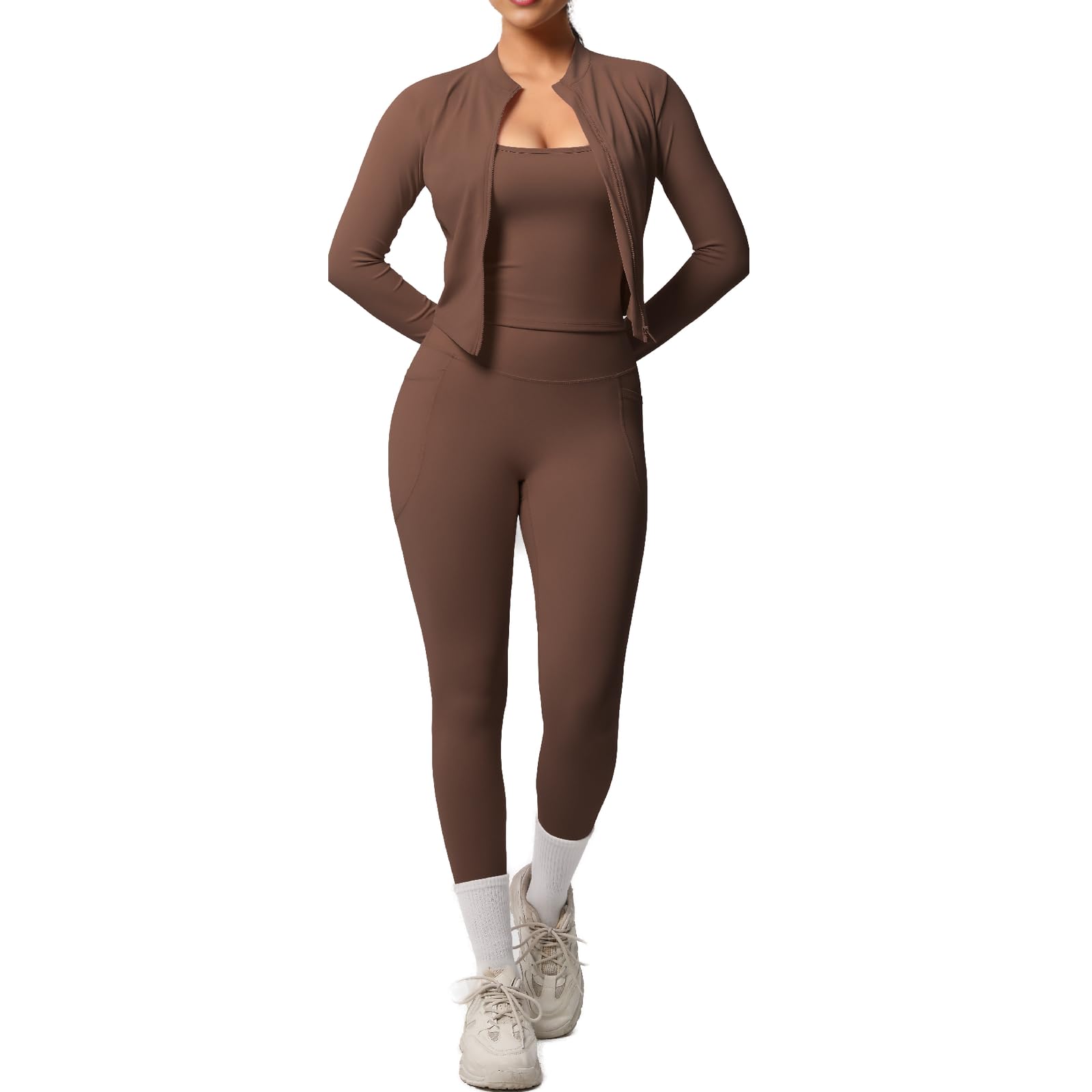 3-Piece Womens Workout Set Zip Jacket Strappy Tank High-Waist Pocket Leggings Stretchy Outfit