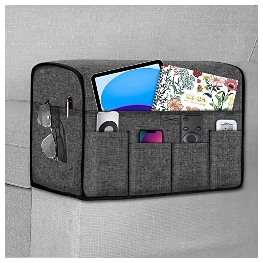 Joywell Anti-Slip Armrest Covers & Organizer with 6 Pockets for Sofa Couch, Armchair Caddy for Remote Control, Phone, iPad, Recliner Arm Protector for Pets, Durable Linen Slipcover, Set of 2, Grey