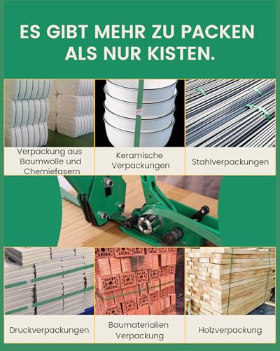 FoundGo Manuelle Umreifungsgerät [12-19mm] Umreifungsset mit 300m PET Umreifungsband von 680kg Zugfestigkeit für Verpackung inkl. Spanner Verschließer 300 Metallschnalle 100 Eckschutz Handschuhe