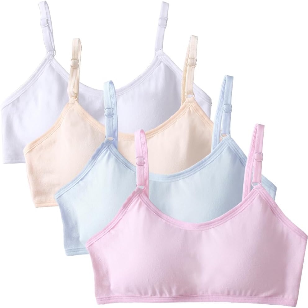 4 Pack Girls Sports Bra Training Bras Underwear with Fixed Bust Pad and Adjustable Strap Teenage Girls Crop Top for Kids 10-18 Years