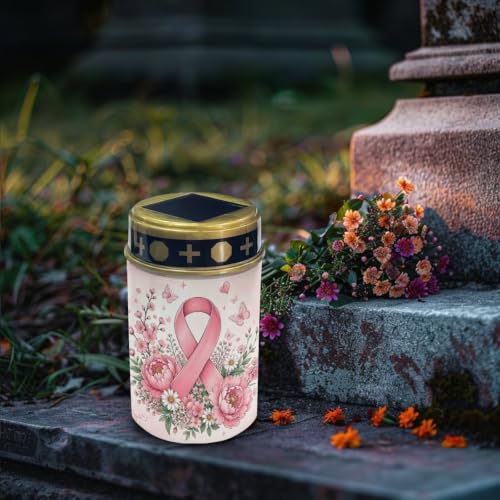 Image of Poceacles Cemetery Candle Grave Lights Outdoor Waterproof Decoration Pathway Lights Garden Solar Candle for Garden Lawn Decor, Pink Ribbon Floral Butterfly, Set of 2