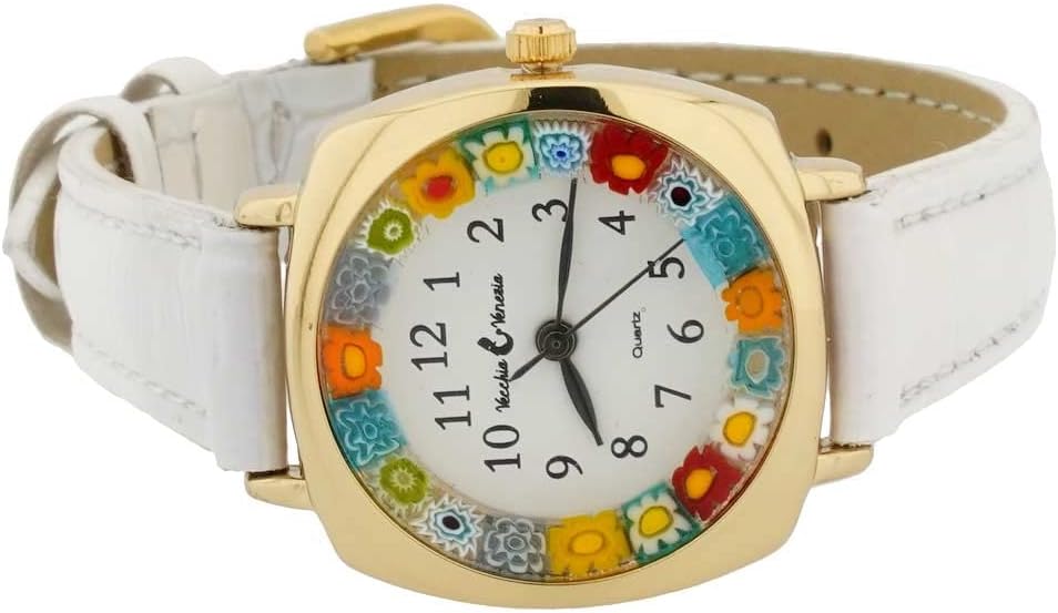 Glass Of Venice Murano Glass Watch Millefiori with Leather Band Square Case - White Multicolor
