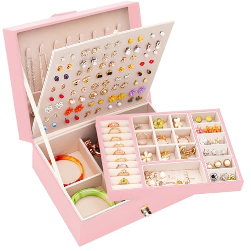Earrings Jewelry Box for Girls, Leather Earring Holder Organizer for Girls Jewelry Box for Teen Jewelry Organizer for Necklaces and Rings Earrings Organizer for Women,Pink