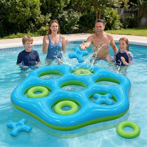AEYAKA Gioco Tris Gonfiabile da Piscina, Grande Gioco Galleggiante con 7 Pedine, Gioco d’Acqua per Bambini e Adulti, Festa Estiva Outdoor – Esagono Blu e Verde
