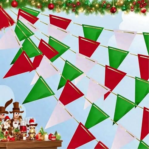 Image of Red White and Green Pennant Banner Christmas Paper Triangle Flag Hanging Decoration for Wedding Birthday Baby Shower Family Party(36pcs Triangle Flag)