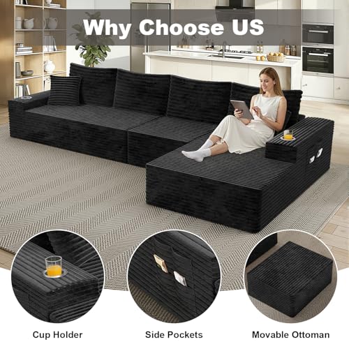 Image of 138 inch Cloud Sectional Couch with L Shape Chaise, Extra Large Frameless Corduroy Sofa, Higher 17.7 inch Seat Height, 32D Pure Foam, Modular Seating for Living Room, No Assembly (Black, Right Facing Chaise)