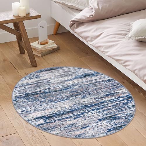 Navy Blue Gray Neutral Multi 3' Washable Round Rug for Entryway Soft Non-Slip Area Rugs Modern Abstract Low-Pile Carpet, Neutral Vintage Circle Rugs for Living Room Dining Bedroom Foyer