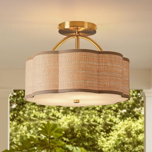 Joyartic 13 Rattan Semi Flush Mount Ceiling Light 3-Light Boho Mini Chandelier Ceiling Light Flush Mount for Hallway Entrance Kitchen Bathroom Bedroom Living Room