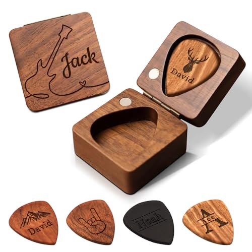 Boîte à médiators en bois personnalisée avec médiators gravés, étui et support pour médiators personnalisés, cadeau musical pour amateur de guitare,...