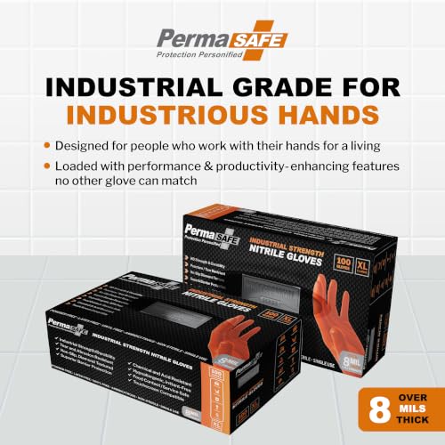 Image of PermaSafe HD Orange Nitrile Gloves | Extreme-Duty 8+ Mil, Industrial Grade Protection | Powder & Latex-Free Nitrile Gloves with Raised Textured Grip | Ideal for Mechanics, Construction, All HD Uses