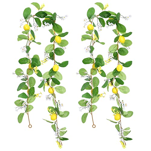 MODUDY Künstliche Zitronengirlande mit Zitrone, Gänseblümchen und grünen Blättern, künstliche gelbe Zitronengirlande für Wanddekoration, 170 cm, 2 Stück Cover