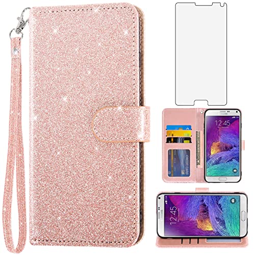 Asuwish Phone Case for Samsung Galaxy Note 4 with Tempered Glass Screen Protector and Glitter Wallet Cover Card Holder Slot Stand Cell Flip Glaxay Note4 Gaxaly N910A Not Notes Four SM Women Men Pink